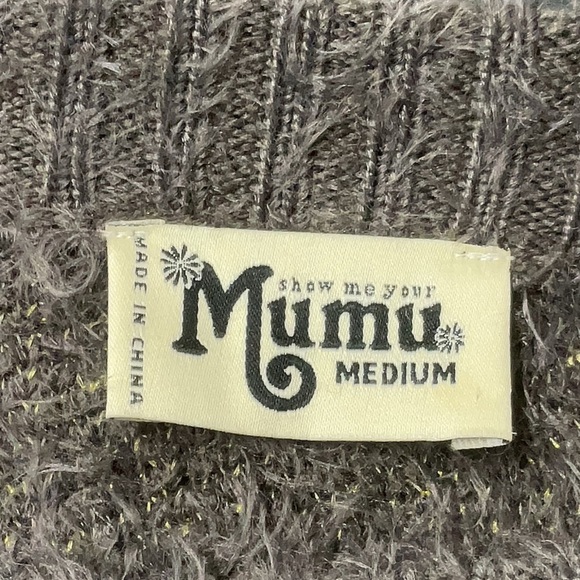 Show Me Your MuMu Textured Eyelash Gray Sweater Gold Sparkly Stars, medium - Picture 3 of 5